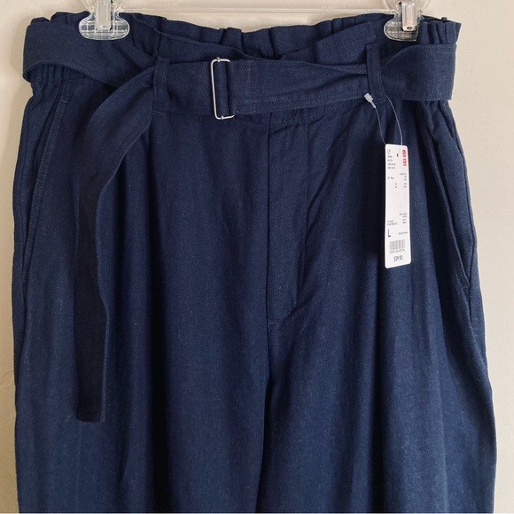 NEW Uniqlo Belted Linen Rayon Wide Pants High Waist Paper Bag Navy Blue Size L - Picture 5 of 11